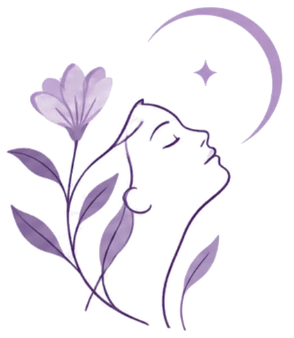 Ilustración de un rostro de mujer mirando hacia la luna, junto a una flor lila